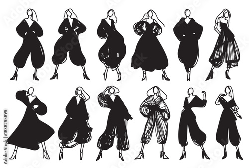 Fashion girls sketch in black clothes silhouette, stylized silhouettes isolated. Vector fashion illustration