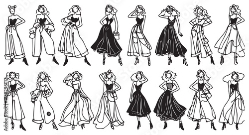 Fashion cartoon child girls sketch in black clothes silhouette, stylized silhouettes isolated. Vector fashion illustration