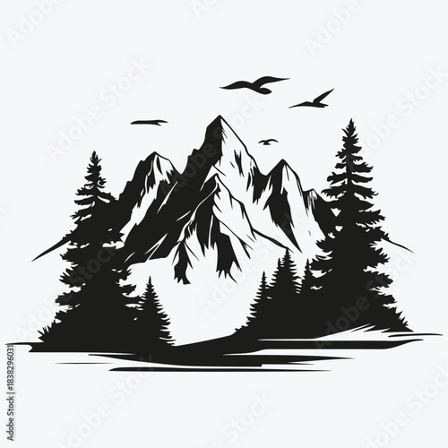 Wilderness mountain with forest silhouette sketch illustration vector
