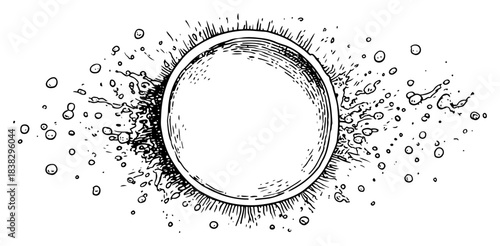 Abstract circular frame with liquid splashes and exploding bubbles in ink drawing style