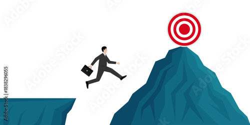 Businessman Jumping to Peak of the Mountain to reach Target. Goal Achievement and Business Success Concept. 