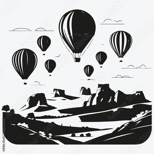 Cappadocia landscapes with hot air balloons sketch illustration vector