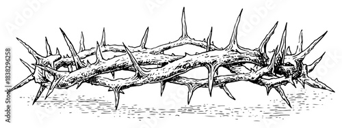 Hand drawn crown of thorns vector sketch of sharp spiked wreath for religious easter or good friday concept in black and white doodle style