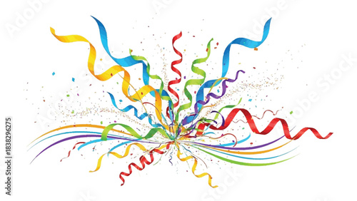 Festive Burst of Color: A cascade of vibrant ribbons and confetti explodes outward, capturing the dynamic energy and joyful spirit of a celebration. 