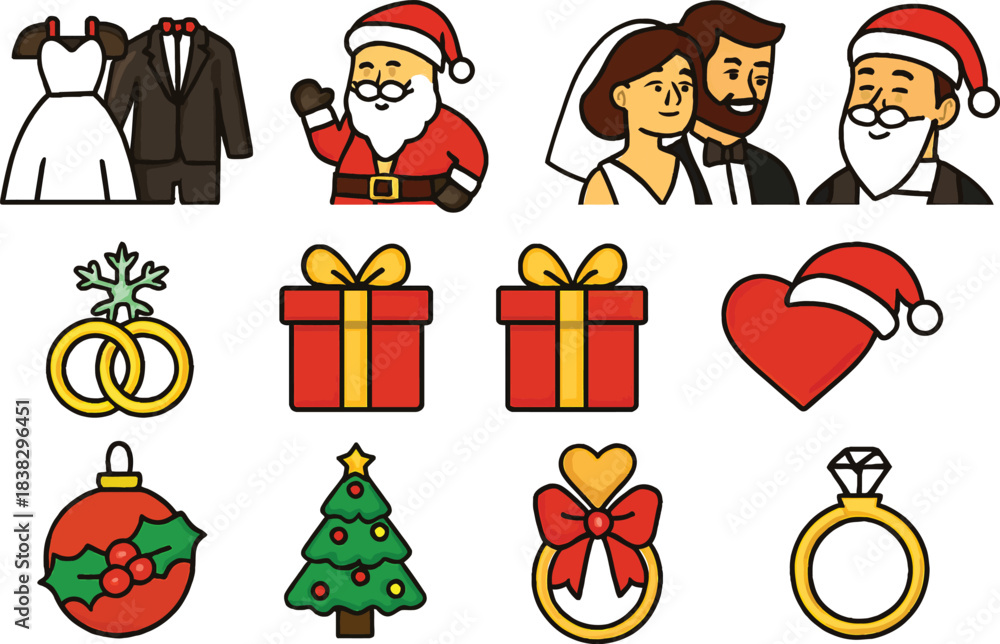 Fototapeta premium Christmas icons set with cartoon Santa Claus, snowman, vector gifts, tree, and holiday celebration decoration symbols