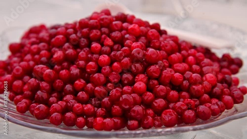 Marinated lingonberries on a clear glass plate sit on an ice-cold table. A Siberian appetizer to go with alcoholic drinks.