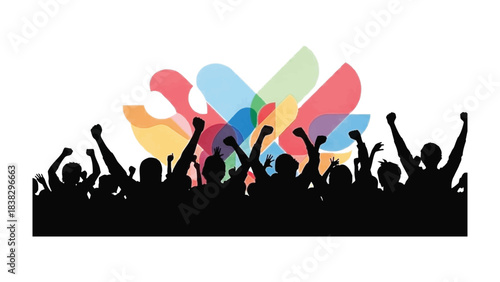 Celebration Crowd Silhouette : Silhouetted figures raise their arms in a vibrant display of unity and jubilance.