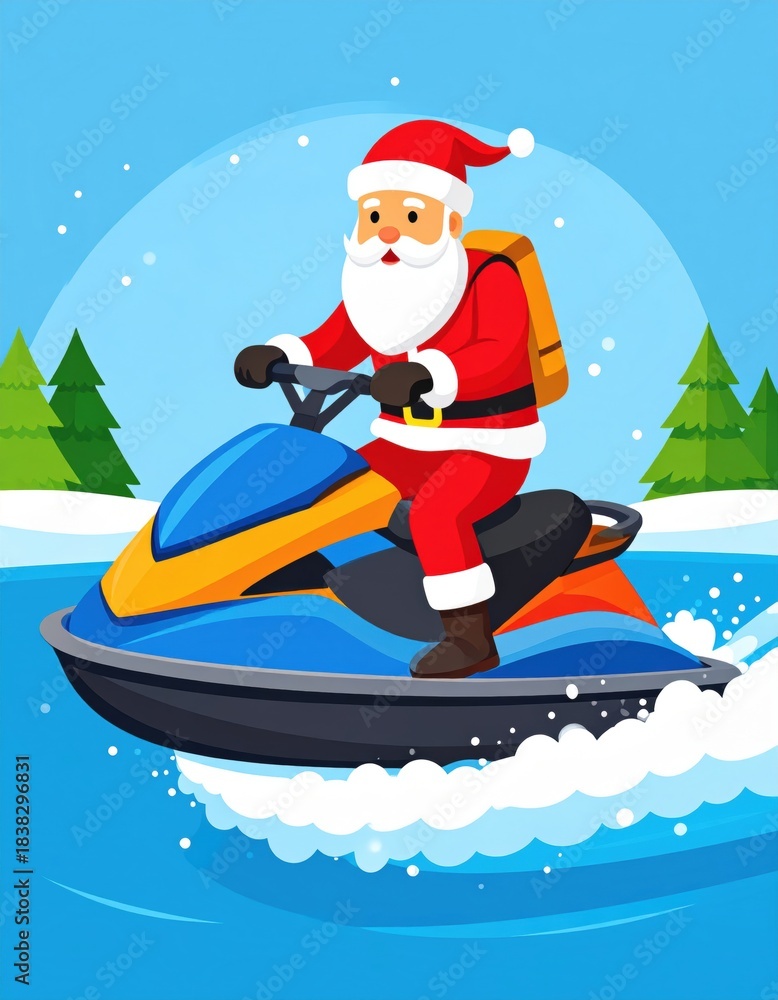 Obraz premium A cheerful Santa Claus enjoys riding a jet ski on a snowy lake, surrounded by evergreen trees and a bright blue sky.