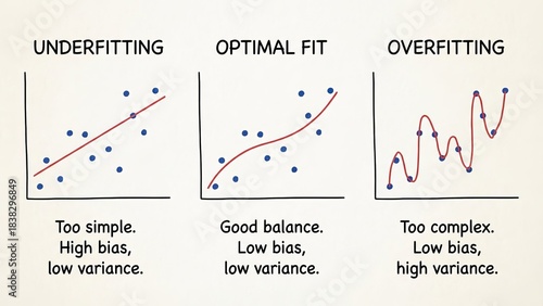 Hand drawing comparative charts illustrating underfitting, optimal fit, and overfitting models in machine learning, showing data points, regression lines, and labels for bias and variance