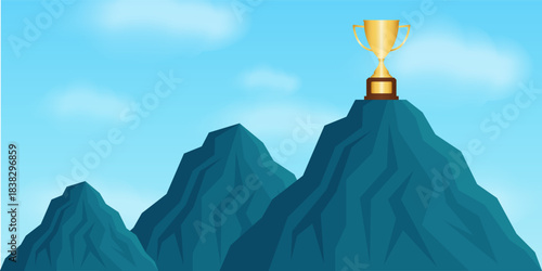 Trophy on the Top of Mountain. Goal Achievement and Business Success Concept. 