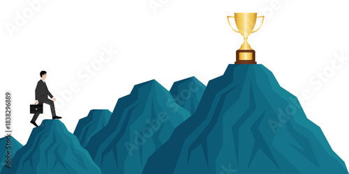 Businessman Climbing to Peak of the Mountain to get Trophy. Goal Achievement and Business Success Concept. 