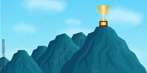 Trophy on the Top of Mountain. Goal Achievement and Business Success Concept. 