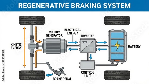 Regenerative braking infographic showing kinetic energy flow from wheels to motor/generator. Converted to electrical energy. Inverted and routed to battery and control unit for charging and efficiency