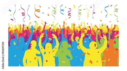 Vibrant Festivities Silhouette: A jubilant crowd of diverse individuals raise their arms in a symphony of celebration, as colorful confetti cascades creating an atmosphere of unbridled joy.