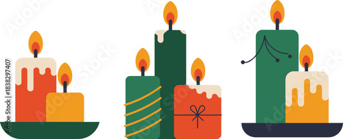 Christmas candles, festive decor, holiday flame illustration, seasonal wax design, cozy ambiance, decorative light, flat vector art, celebration element, warm glow