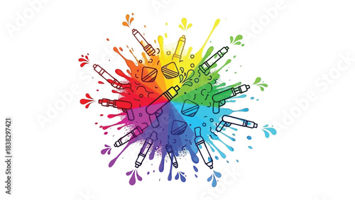 Colorful paint splashes and water guns: An artistic explosion of vibrant colors, where paint splatters and water guns intermingle to create a playful scene.