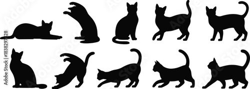 Collection of Ten Feline Animal Silhouettes, Domestic Cat Poses, Including Sitting, Standing, and Pouncing, Black Graphics for Pet and Veterinary Design