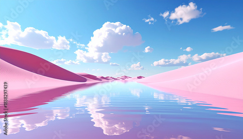 Fototapeta Naklejka Na Ścianę i Meble -  Ethereal pink desert oasis with shimmering water and pastel sky pink sand dunes reflection