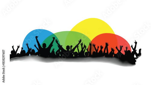 Celebrating Colors: A silhouette of a crowd joyfully raising their hands in celebration, bathed in a spectrum of vibrant hues, representing unity and happiness.