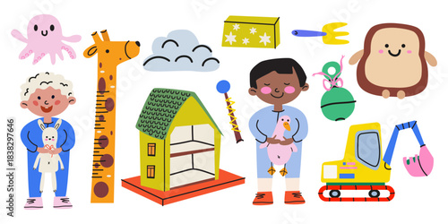 Children's entertainment and development elements in doodle style. Cartoon cute children's characters, soft toys, educational toys, construction crane, doll house. Flat vector illustration
