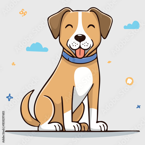 A cheerful beige and white cartoon dog with brown ears sits with its mouth wide open in a smile, its tongue sticking out and its eyes completely closed in happiness. It wears a blue collar.