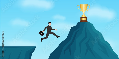 Businessman Jumping to Peak of the Mountain to get Trophy. Goal Achievement and Business Success Concept. 