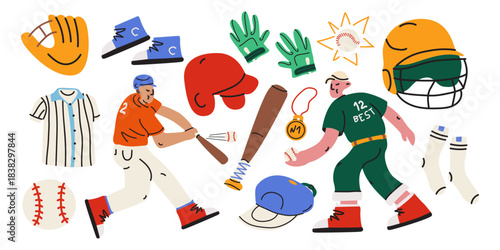 Baseball stickers collection in cartoon doodle style. Collection of baseball equipment, characters, player, glove, ball, helmet, sports uniform. Flat vector illustration