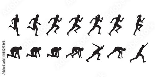 This image displays a sequence of black silhouettes of runners. The top row shows runners in various stages of a sprint, from mid-stride to an outstretched finish. The bottom row depicts the starting 