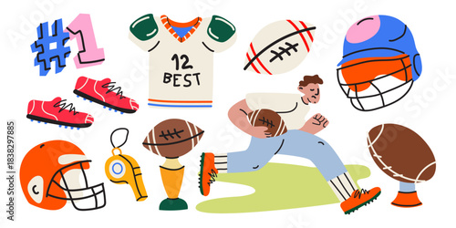 Rugby elements set in cartoon groovy style. Sports equipment, rugby player, ball, helmet, sports uniform. American football elements. Competition match attributes. Flat vector illustration