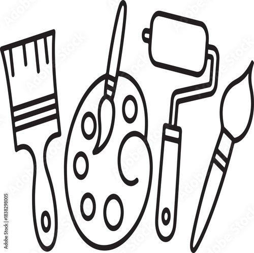 Vector line icons of painting equipment including a fine brush a paint roller and an artists palette