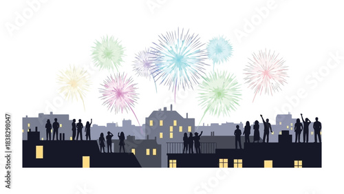 City Fireworks Celebration: A silhouette of a cityscape at night, with people watching a vibrant display of colorful fireworks in the sky.