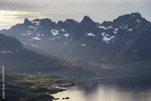 Wallpaper Mural Fjord Raftsund and mountains in atmospheric evening light, view from the summit of Dronningsvarden or Stortinden, Vesterålen, Norway Torontodigital.ca