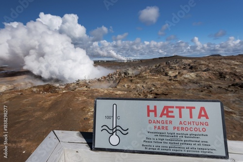 Warning sign, hot spring, Gunnuhver high temperature area, near Grindavík, Reykjanes Peninsula, Iceland