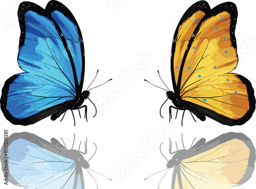 Vibrant vector illustration of two opposing butterflies with bright blue and yellow wings, displaying symmetry, delicate beauty, and reflecting a natural world theme.