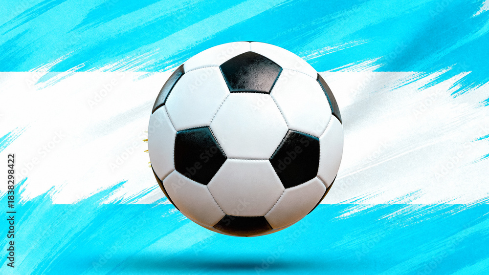 Fototapeta premium Classic black and white soccer ball against a stylized, brushstroke texture of the light blue and white argentine flag background