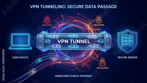 Vpn tunneling showing encrypted data flowing through a secure virtual private network, shielding user devices and information from hackers and snoopers on public internet