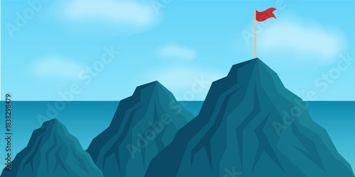Victory Flag on the Top of Mountain. Goal Achievement and Business Success Concept. 