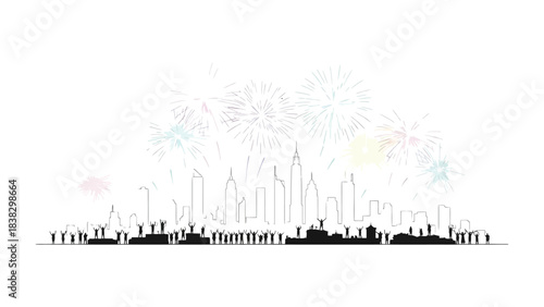 Cityscape Fireworks: a silhouette of a city skyline illuminates the night with bursts of colorful pyrotechnics, celebrating the vibrant energy and spirit of the urban landscape. 
