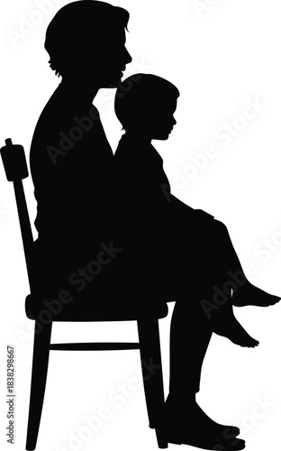 Silhouette of adult sitting on chair holding child on lap showing care, bonding, love, family connection, support