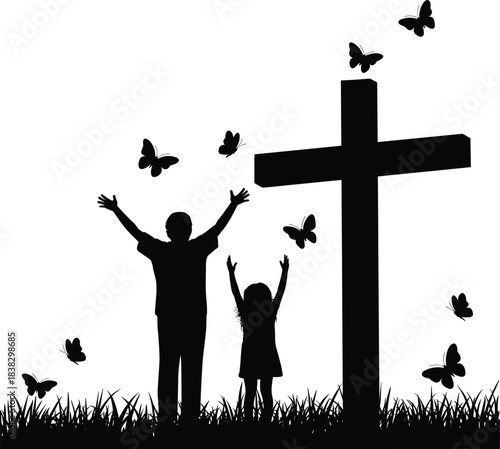 Silhouette of child and adult raising hands beside cross with flying butterflies in peaceful spiritual outdoor nature scene