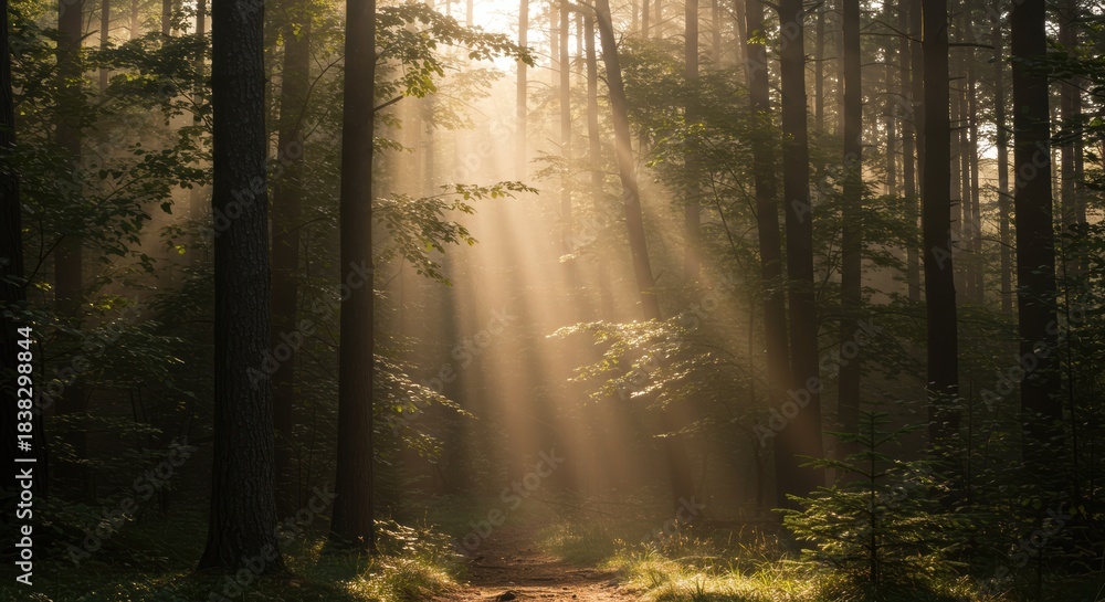 Obraz premium Intense sunlight streams through dense trees illuminating a hazy woodland path
