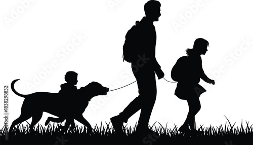 Silhouette of family walking with dog outdoors featuring child riding pet and parents leading adventure in grassy landscape
