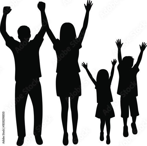 Silhouette of group raising hands together celebrating unity, teamwork, happiness, success, positive energy, joyful people in harmony