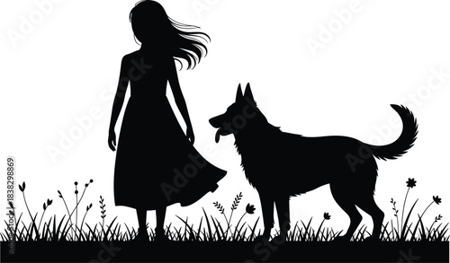 Silhouette of girl standing with dog in grassy field showing peaceful outdoor companionship nature scene in gentle breeze