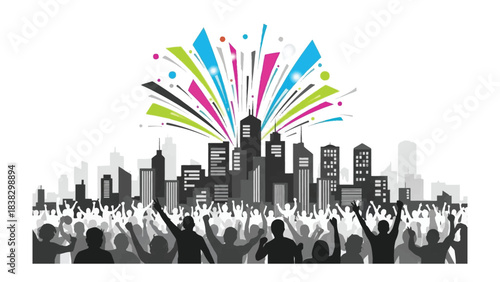 City Celebration: A vibrant city skyline comes alive with a dynamic burst of colors, celebrated by a cheering crowd of silhouettes below. Representing community and festivity.