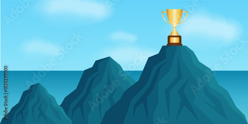 Trophy on the Top of Mountain. Goal Achievement and Business Success Concept. 