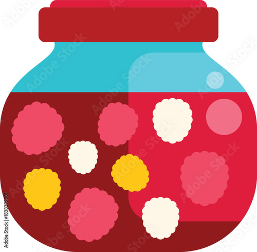 Glass jar preserving mixed berries and fruits compote, homemade food, healthy eating and organic food concept