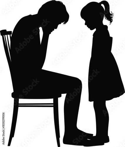 Silhouette of sad adult sitting on chair with head down and child standing nearby offering concern and empathy