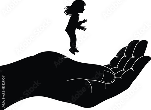 Silhouette of small child standing on large protective hand symbolizing care, safety, support, guidance, nurturing, trust, and protection