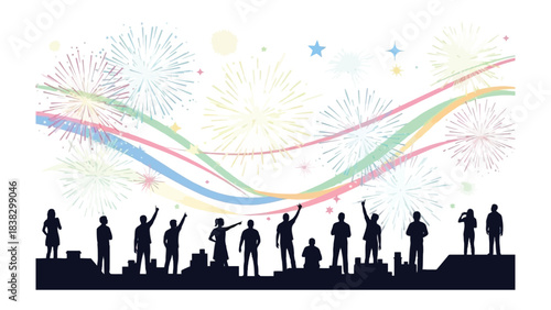 Celebration Silhouette: A celebratory display unfolds with fireworks and people silhouetted against a skyline, symbolizing unity and accomplishment. 